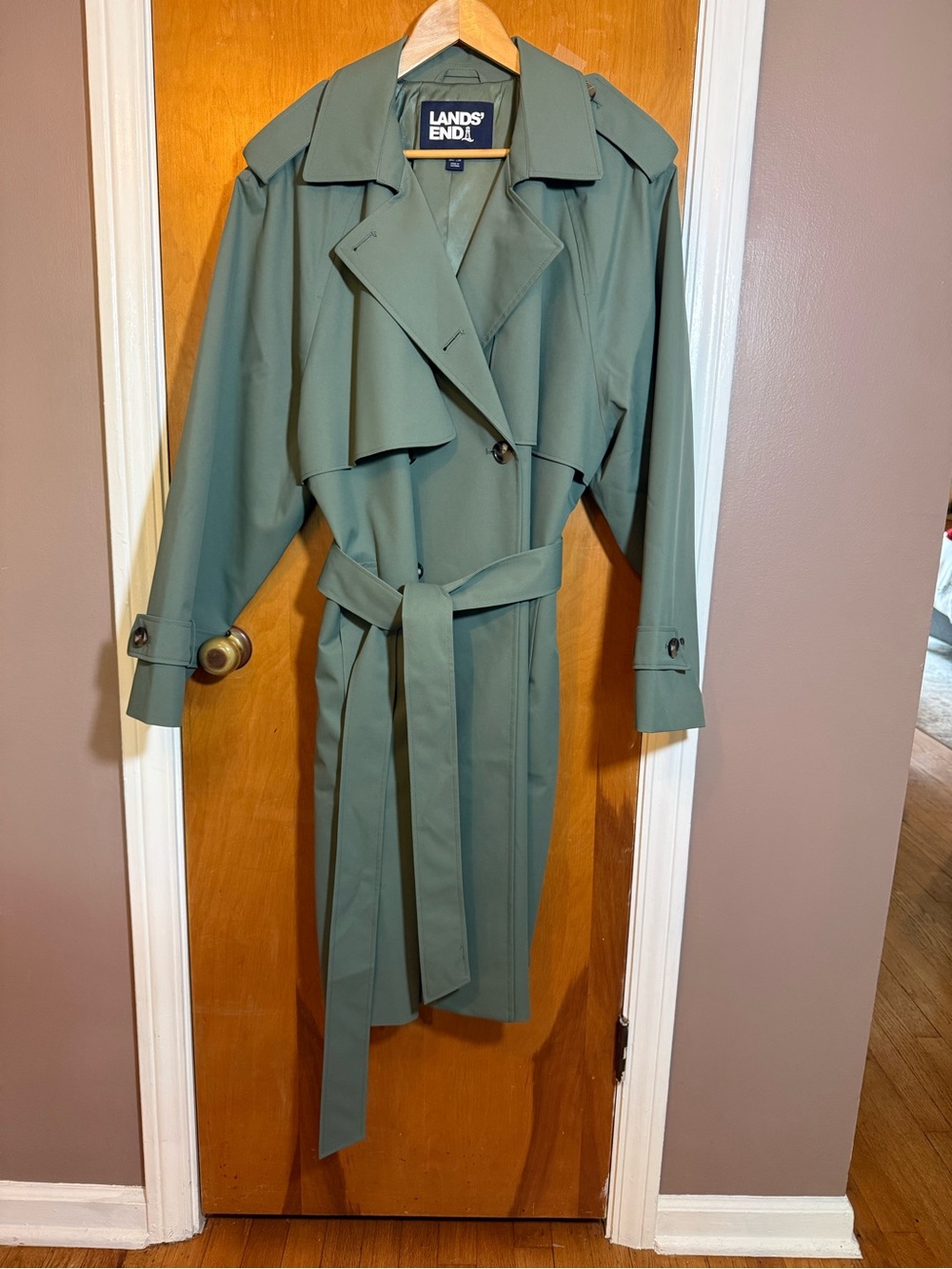 Lands' End Moss Green Double-Breasted Trench Coat